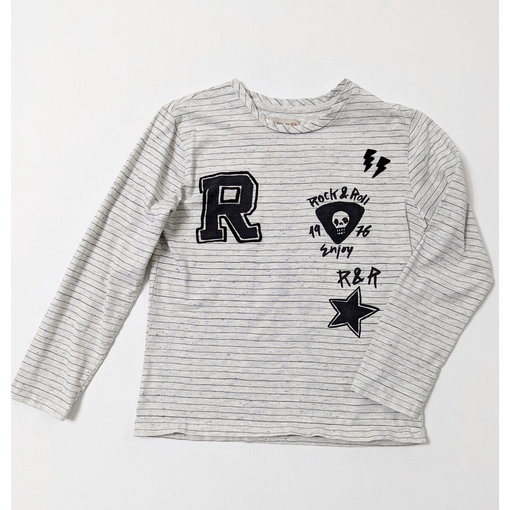 ZARA ROCK & ROLL Print Striped Long Sleeve Shirt Boy's Size 9/10 Years